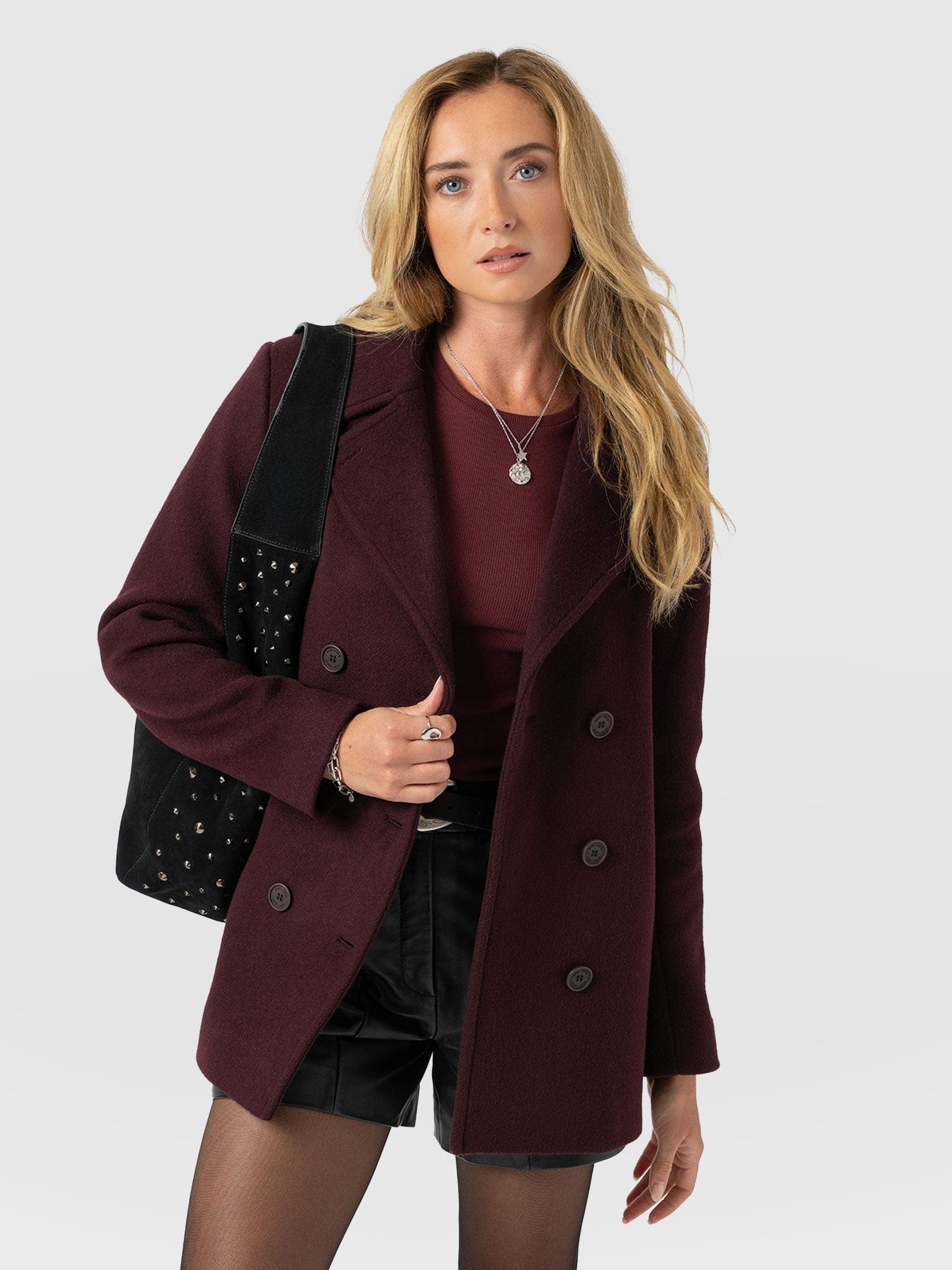 Quinn Pea Coat - Maroon - Women's Outerwears | Saint + Sofia® USA
